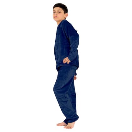 Imagem de Conjunto Pijama Infantil Longo Roupa de Dormir Inverno Fleece Azul Marinho (Tamanho 10)