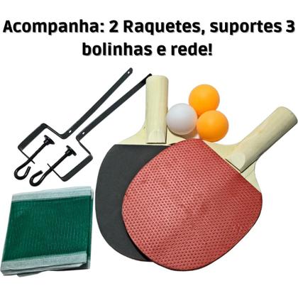 Imagem de Conjunto Ping Pong Tênis de Mesa Brinquedo Infantil Divertido com 3 bolinhas 2 Raquetes e Redinha com Suporte