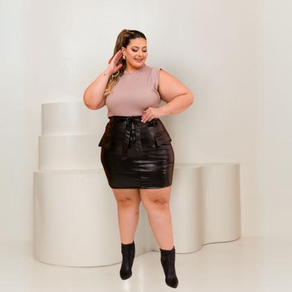 Imagem de Conjunto Plus Size Saia Couro Cargo e Blusa Gola alta 0635