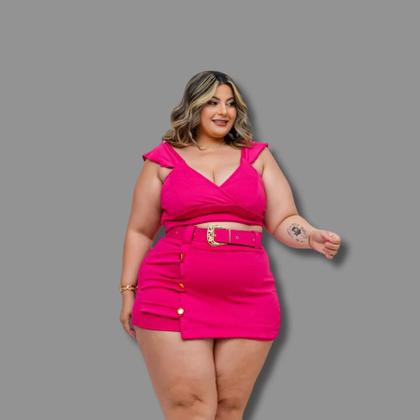 Imagem de Conjunto Plus Size Short Saia Detalhe Botão e Cinto 0600