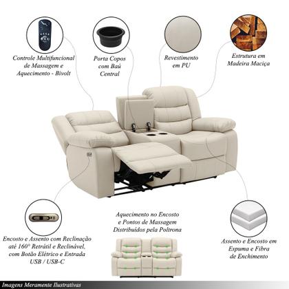 Imagem de Conjunto Poltronas 2 e 3 Lugares Elétricas Sala de Cinema Hollywood com Massagem Aquecimento Entrada USB/USB-C PU Bege G94 - Gran Belo