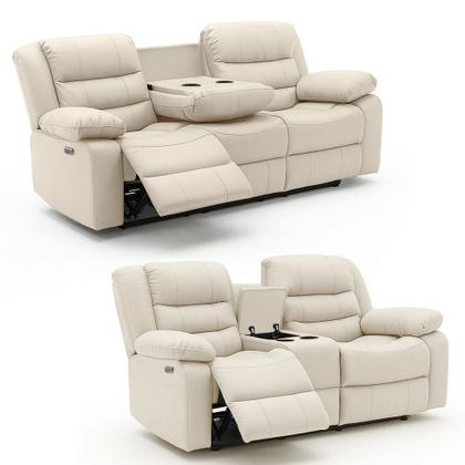 Imagem de Conjunto Poltronas 2 e 3 Lugares Elétricas Sala de Cinema Hollywood com Massagem Aquecimento Entrada USB/USB-C PU Bege G94 - Gran Belo