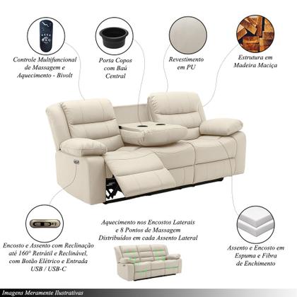Imagem de Conjunto Poltronas 2 e 3 Lugares Elétricas Sala de Cinema Hollywood com Massagem Aquecimento Entrada USB/USB-C PU Bege G94 - Gran Belo