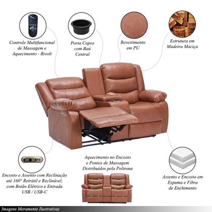 Imagem de Conjunto Poltronas 2 e 3 Lugares Elétricas Sala de Cinema Oscar com Massagem Aquecimento Entrada USB/USB-C PU Caramelo G94 - Laura Lar