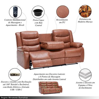 Imagem de Conjunto Poltronas 2 e 3 Lugares Elétricas Sala de Cinema Oscar com Massagem Aquecimento Entrada USB/USB-C PU Caramelo G94 - Laura Lar