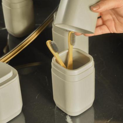 Imagem de Conjunto Porta Escova de Dentes Fechado + Dispenser Sabonete Líquido Para Pia Banheiro Lavabo Organização Aura - OU