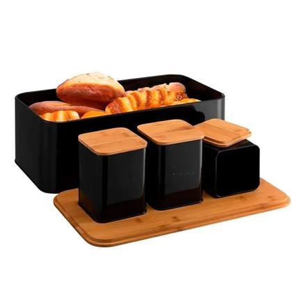 Imagem de Conjunto Porta Pão com 3 Potes de Metal e Tampa de Bambu Preto