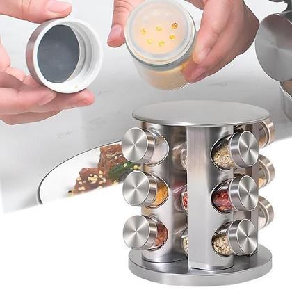 Imagem de Conjunto Porta Temperos Com Suporte Inox E 12 Potes De Vidro