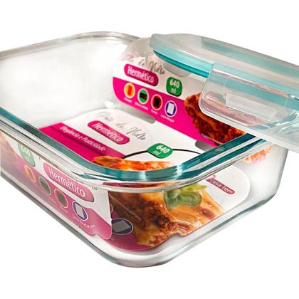 Imagem de Conjunto Potes Retangular Hermético 640ml Microondas Vidro Resistente A Variações De Temperatura Marmita Pote Freezer