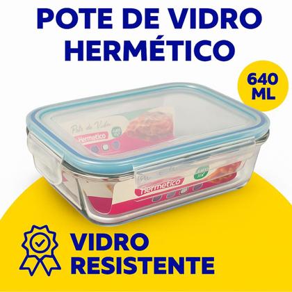 Imagem de Conjunto Potes Retangular Hermético 640ml Microondas Vidro Resistente A Variações De Temperatura Marmita Pote Freezer