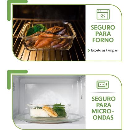 Imagem de Conjunto Potes Retangular Hermético 640ml Microondas Vidro Resistente A Variações De Temperatura Marmita Pote Freezer