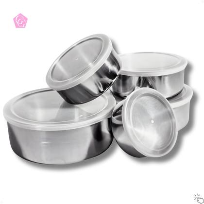 Imagem de Conjunto Potes Tigelas Inox 5 Pçs Tampa Resistente Cozinha