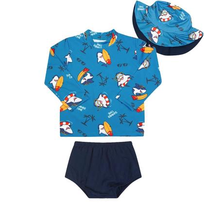 Imagem de Conjunto Praia Bebê e Infantil Proteção UV com Chapéu Tubarão de Férias Marinho Diju