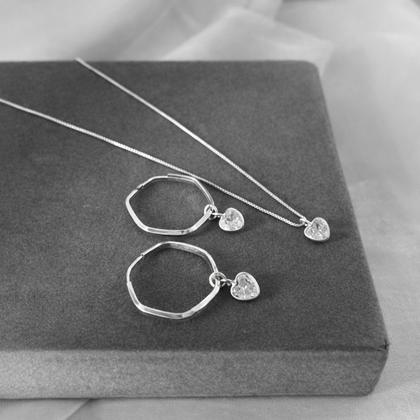 Imagem de Conjunto Prata 925 Coração Colar e Brinco Presente Esposa Mãe