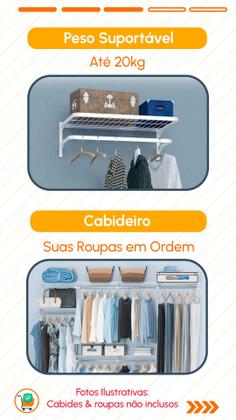 Imagem de Conjunto Prateleira Estante Modular Com Arara e Cabideiro 60x40cm Organizador Multiuso Aramado em Aço