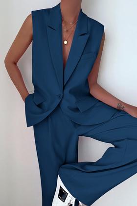 Imagem de Conjunto PRETTYGARDEN Colete Sem Mangas e Calça Pantalona Azul Escuro XL