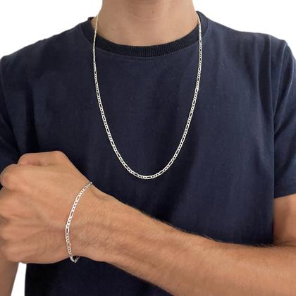 Imagem de Conjunto Pulseira Corrente Masculina 3x1 3mm 70cm Prata 925