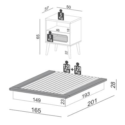 Imagem de Conjunto Quarto 2 Mesas de Cabeceira com Cama Base Casal MDF Freijó Dalla Costa