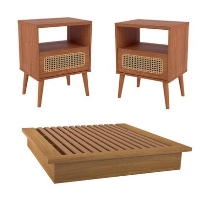 Imagem de Conjunto Quarto 2 Mesas de Cabeceira com Cama Base Casal MDF Freijó Dalla Costa