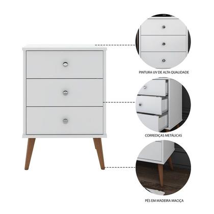 Imagem de Conjunto quarto 2 Mesas de Cabeceira pés em madeira Mix 3 Gavetas Branco