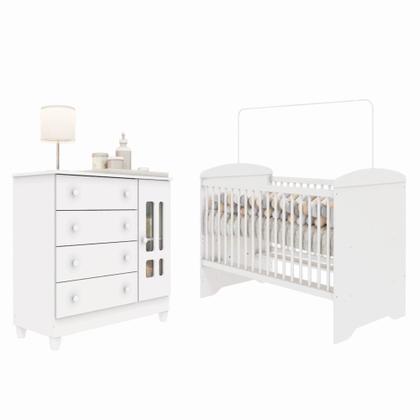Imagem de Conjunto Quarto Bebê Berço Americano 3EM1 Eloá Cômoda Infantil 4 Gavetas 1 Porta 100% MDF Branco