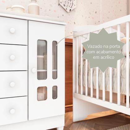 Imagem de Conjunto Quarto Bebê Berço Americano 3EM1 Eloá Cômoda Infantil 4 Gavetas 1 Porta 100% MDF Branco