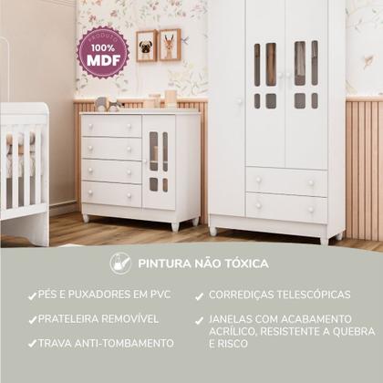 Imagem de Conjunto Quarto Bebê Guarda Roupa Ariel 3 Portas Cômoda 4 Gavetas 1 Porta 100% MDF Branco