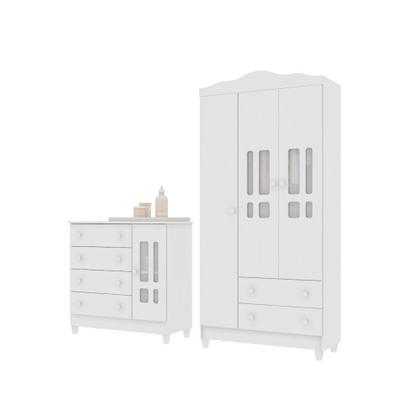 Imagem de Conjunto Quarto Bebê Guarda Roupa Ariel 3 Portas Cômoda 4 Gavetas 1 Porta 100% MDF Branco