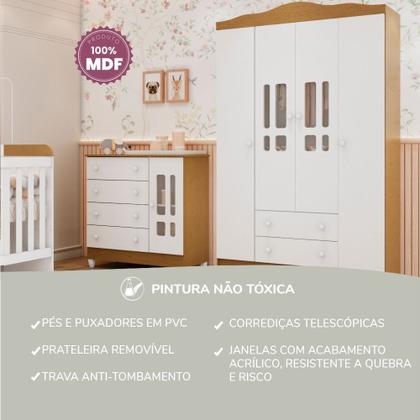 Imagem de Conjunto Quarto Bebê Guarda Roupa Ariel 4 Portas Cômoda 4 Gavetas 1 Porta 100% MDF Branco/com Bétula