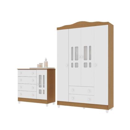 Imagem de Conjunto Quarto Bebê Guarda Roupa Ariel 4 Portas Cômoda 4 Gavetas 1 Porta 100% MDF Branco/com Bétula