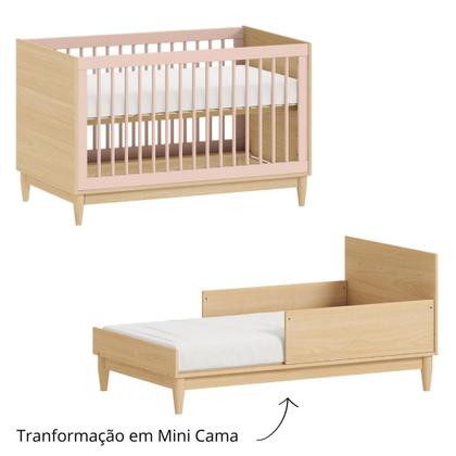 Imagem de Conjunto Quarto Bebê Quater  Berço e Cômoda 6 Gavetas em MDF Rosa com Carvalho Linha Tomi