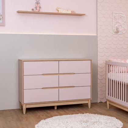 Imagem de Conjunto Quarto Bebê Quater  Berço e Cômoda 6 Gavetas em MDF Rosa com Carvalho Linha Tomi