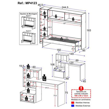Imagem de Conjunto Quarto Cama de Solteiro com Guarda-Roupas e Escrivaninha Multimóveis MP4123