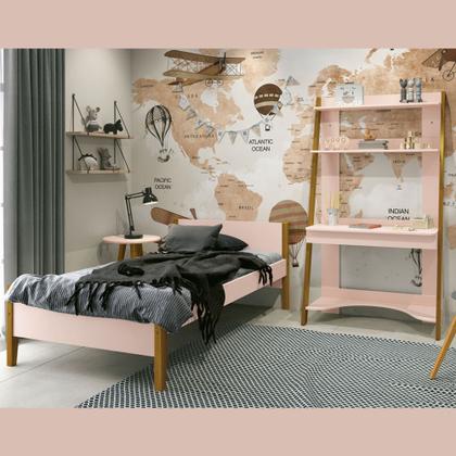 Imagem de Conjunto Quarto Cama Solteiro e Escrivaninha/ Estante Simba com Pés em Madeira Rosa Fosco - Reller