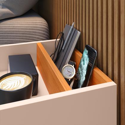 Imagem de Conjunto Quarto Casal Mesa de Cabeceira Milena com Gaveta e Porta Celular + Cabeceira Modulada 1.40