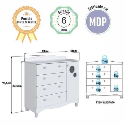 Imagem de Conjunto Quarto de Bebê 1 Berço 1 Cômoda 4 Gavetas Trocador 1 Prateleira Branco