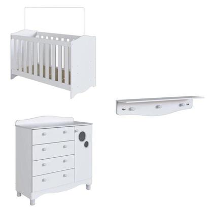 Imagem de Conjunto Quarto de Bebê 1 Berço 1 Cômoda 4 Gavetas Trocador 1 Prateleira Branco