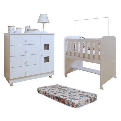 Imagem de Conjunto Quarto de Bebê 100% MDF Mini Berço com Colchão e Cômoda 1 Porta 4 Gavetas Branco
