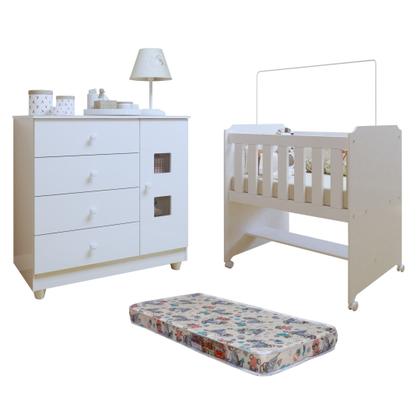 Imagem de Conjunto Quarto de Bebê 100% MDF Mini Berço com Colchão e Cômoda 1 Porta 4 Gavetas