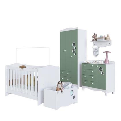 Imagem de Conjunto Quarto de Bebê com Berço, Cômoda, Guarda-Roupa, Prateleira e Baú de Brinquedos Branco/Verde