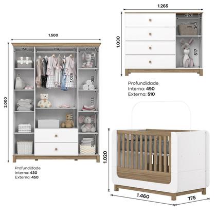 Imagem de Conjunto Quarto de Bebê Completo Berço 2 em 1, Guarda-Roupa e Cômoda Sophia Branco e Jequitiba