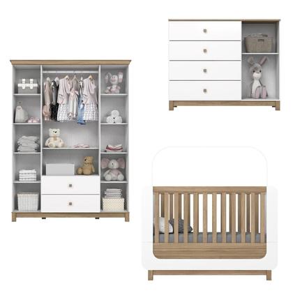 Imagem de Conjunto Quarto de Bebê Completo Berço 2 em 1, Guarda-Roupa e Cômoda Sophia Branco e Jequitiba