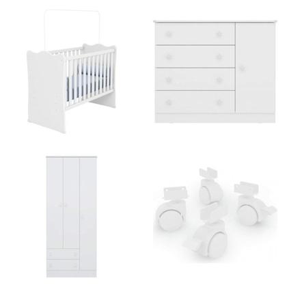 Imagem de Conjunto Quarto de Bebê Completo Guarda Roupa Cômoda e Berço com Rodízio Doce Sonho Branco