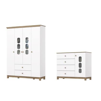 Imagem de Conjunto Quarto de Bebê Guarda Roupa 4 Portas e Cômoda com Vidro Aconchego Branco/Jequitibá
