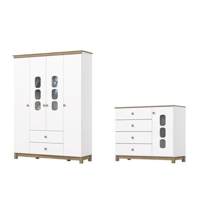 Imagem de Conjunto Quarto de Bebê Guarda Roupa 4 Portas e Cômoda com Vidro Aconchego Branco/Jequitibá