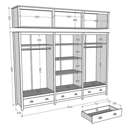 Imagem de Conjunto Quarto: Guarda-Roupa 12 Portas Cabeceira Cômoda 8 Gavetas 2 Mesas Cabeceiras Branco/Freijó Topázio Madeira Pinus - Finestra