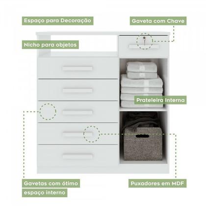 Imagem de Conjunto Quarto Guarda-Roupa 4 Portas e Cômoda 6 Gavetas com Nicho MDF Alonzo da Vinci Branco