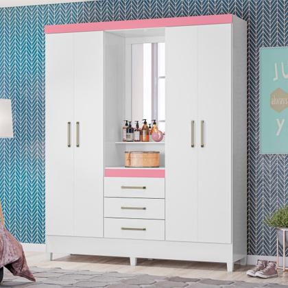 Imagem de Conjunto Quarto Guarda Roupa e Comoda Arezzo Branco Rosa
