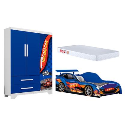 Imagem de Conjunto Quarto Infantil Carros - Cama Solteiro com Colchão e Roupeiro Mdf - Azul