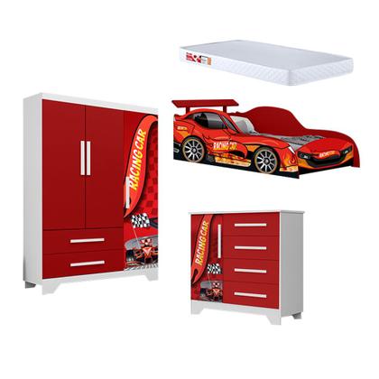 Imagem de Conjunto Quarto Infantil Carros Cama Solteiro com Proteção Mdf Cômoda Roupeiro e Colchão Vermelho